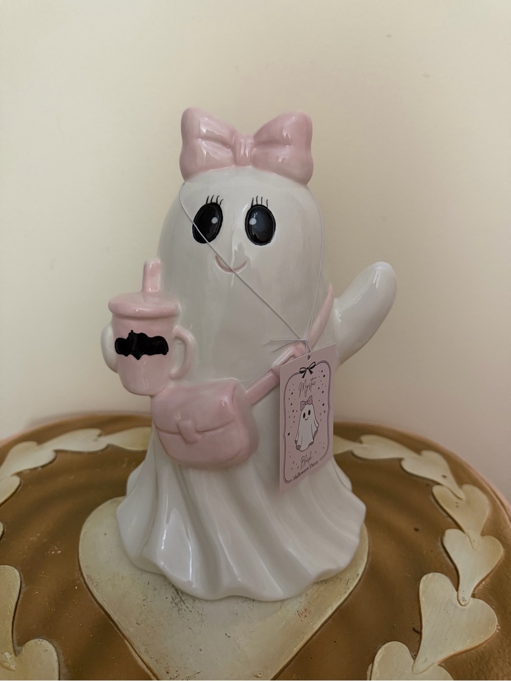 Mystic Blush Halloween Ceramic Ghost Girl with Pink Purse, Bow, Purse & Coffee